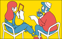 Male and Female in discussion drinking coffee